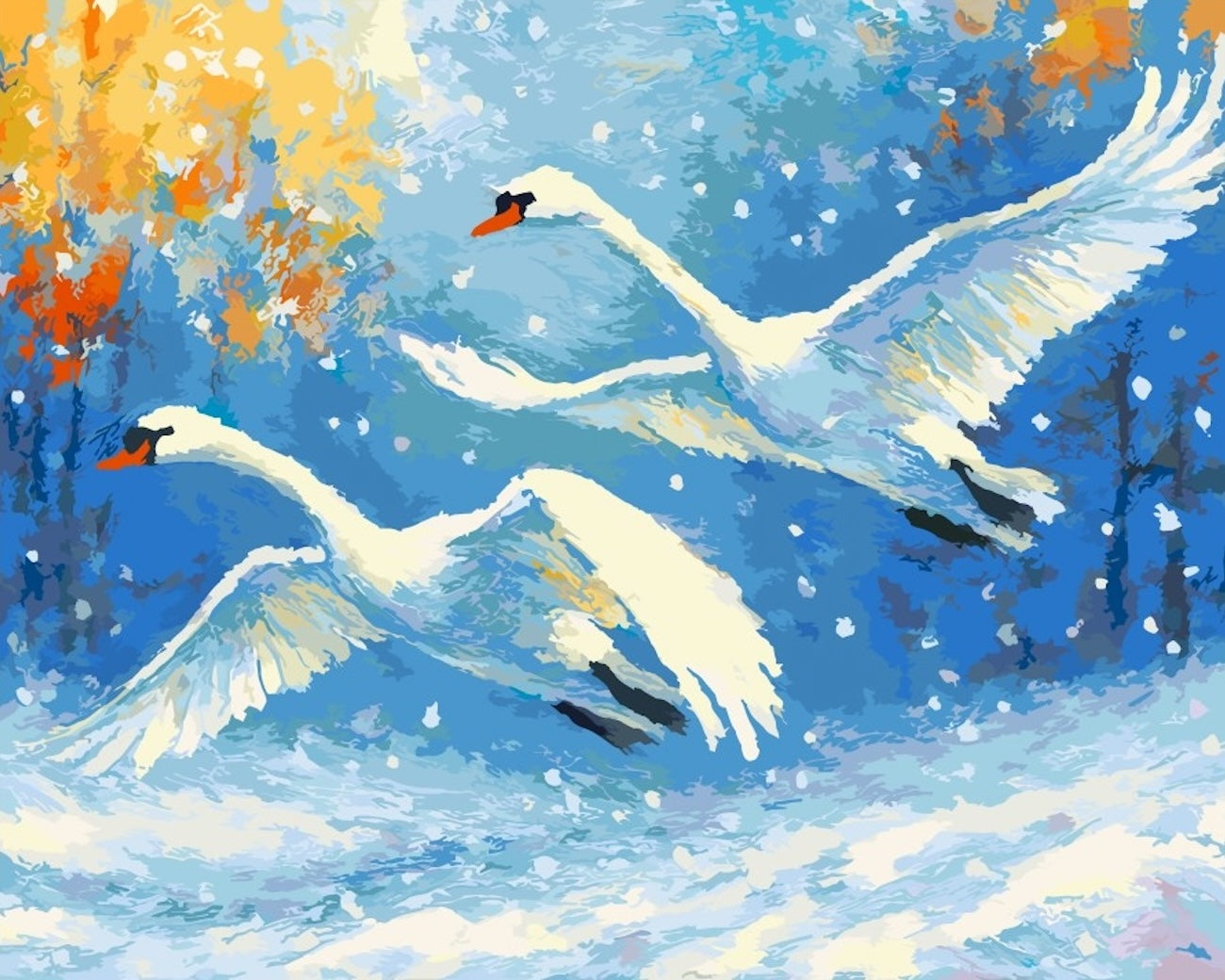 白鳥と子供の白鳥の絵画 参考作品】No.448 白鳥 湖 満月 スワン 風景画 絵画 開運絵画の